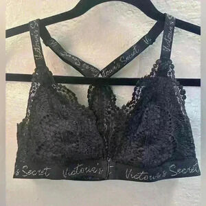 Victoria's Secret Black Lace Bralette with Gold Script. Front Closure. Size S